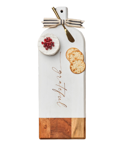 Grateful - Acacia Bevel Board White w/ Ribbon & Gold Spreader Knife