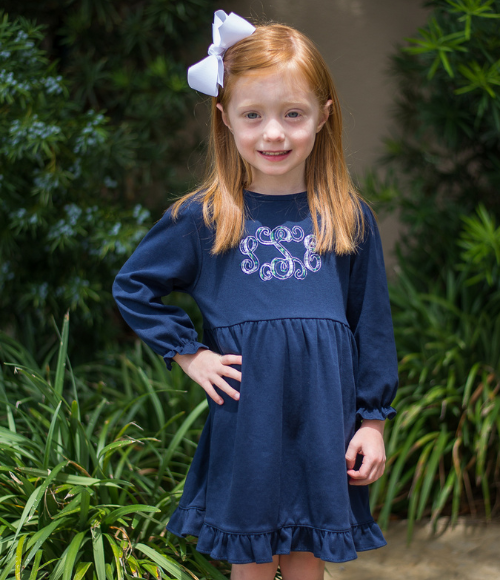 Bambinos Riviera Ruffle LS Dress-Navy, Size 7 & 8