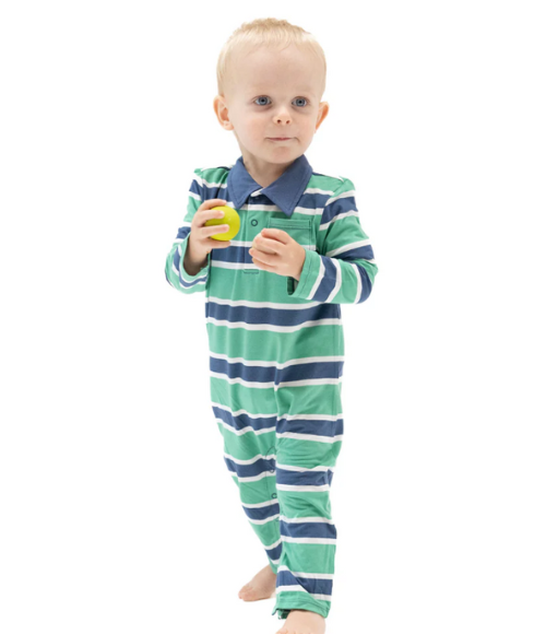 Rugby Stripe Green & Navy LS Polo Romper