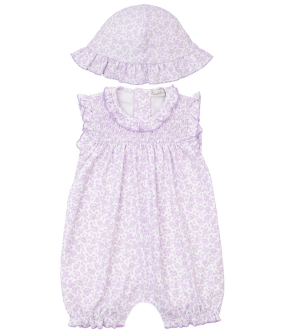Kissy Summer Gardens Lilac Smocked Romper & Hat