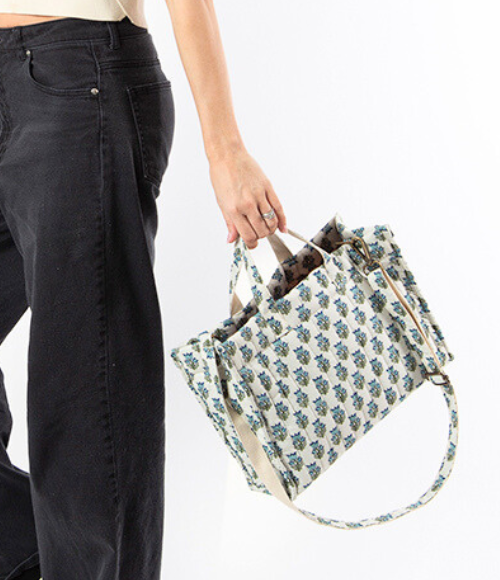 Aqua Floral Print Tote Bag
