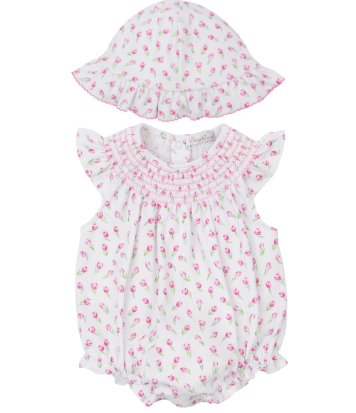 Kissy Tulip Blossoms Smocked Bubble & Floppy Hat Set Kissy Tulip Blossoms Smocked Bubble & Floppy Hat Set