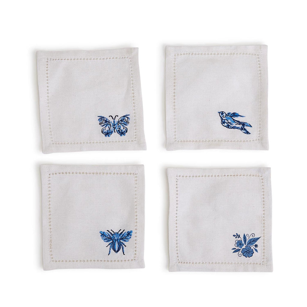 Blue and White Set of 4 Embroidered Hemstitch Cocktail Napkins