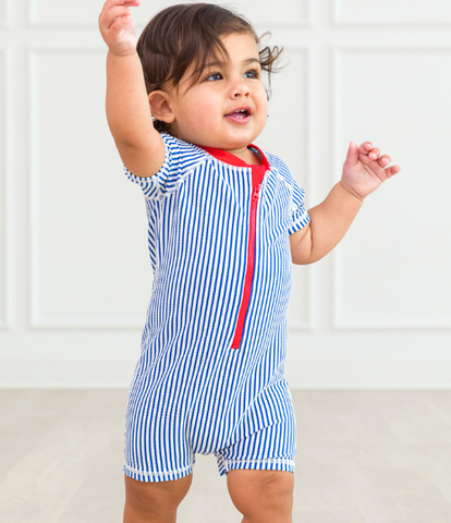 Blue Seersucker Baby Rash Guard Suit