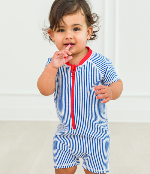 Blue Seersucker Baby Rash Guard Suit