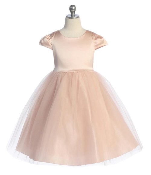 Capped Sleeve Blush Satin & Tulle Girls Dress, Size 2