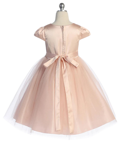 Capped Sleeve Blush Satin & Tulle Girls Dress, Size 2