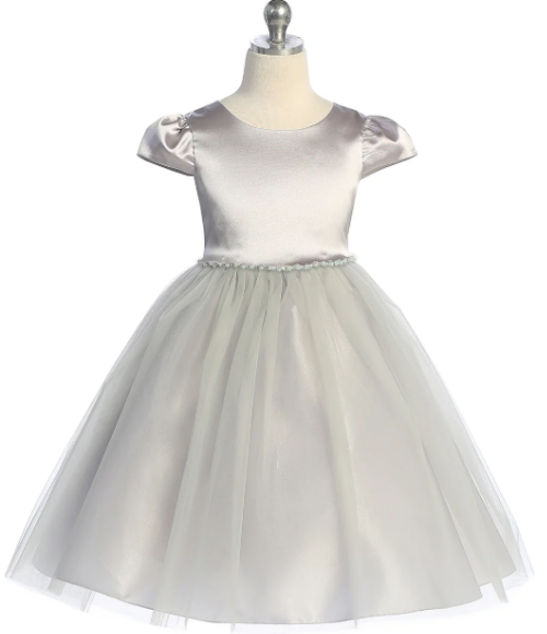 Satin & Tulle Silver Dress with Pearl & Rhinestone Trim, Size 4