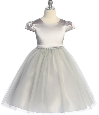 Satin & Tulle Silver Dress with Pearl & Rhinestone Trim, Size 4