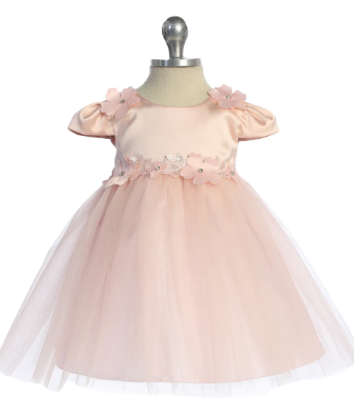 Floral Trim Satin & Tulle Baby Dress-Multiple Colors