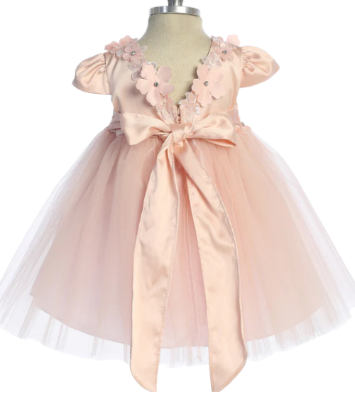 Floral Trim Satin & Tulle Baby Dress-Multiple Colors