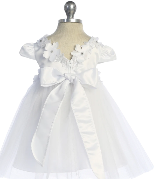 Floral Trim Satin & Tulle Baby Dress-Multiple Colors