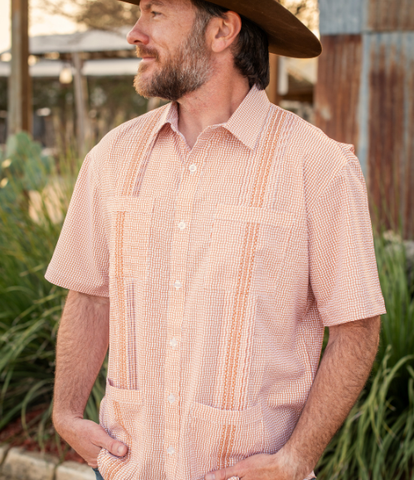 BQ Men's Burnt Orange Check Guayabera Shirt
