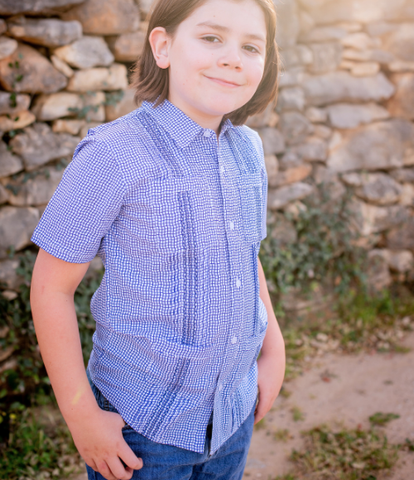 BQ Boys Navy Check Guayabera Shirt