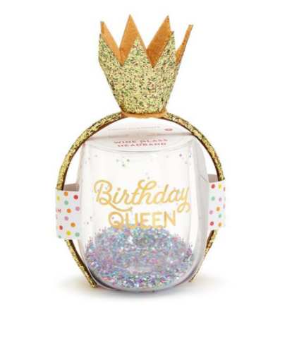 Birthday Queen Stemless Wine Glass & Glitter Crown Headband