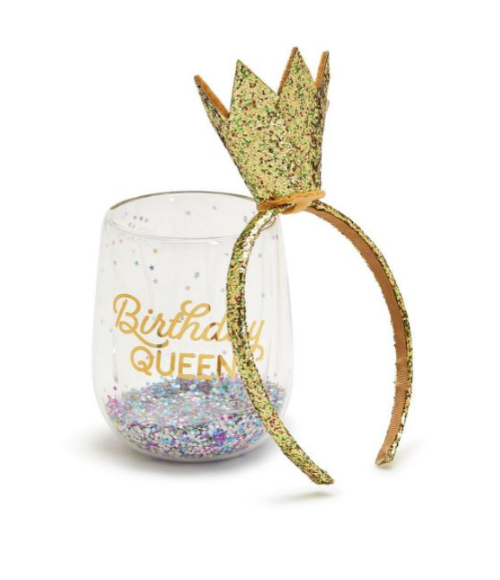 Birthday Queen Stemless Wine Glass & Glitter Crown Headband