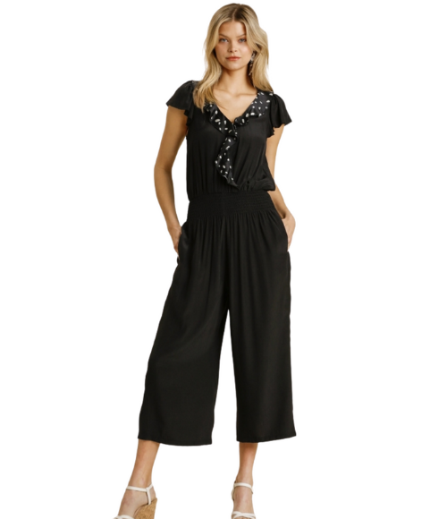 Black Jumpsuit with Dotted Ruffle Trim, Small