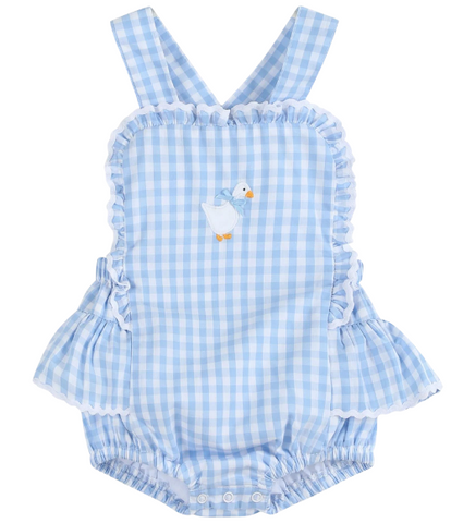 Blue Gingham Goose Lace Bow Ruffle Romper