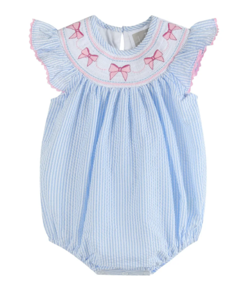 Blue Seersucker Bow Smocked Flutter Romper