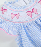 Blue Seersucker Bow Smocked Flutter Romper