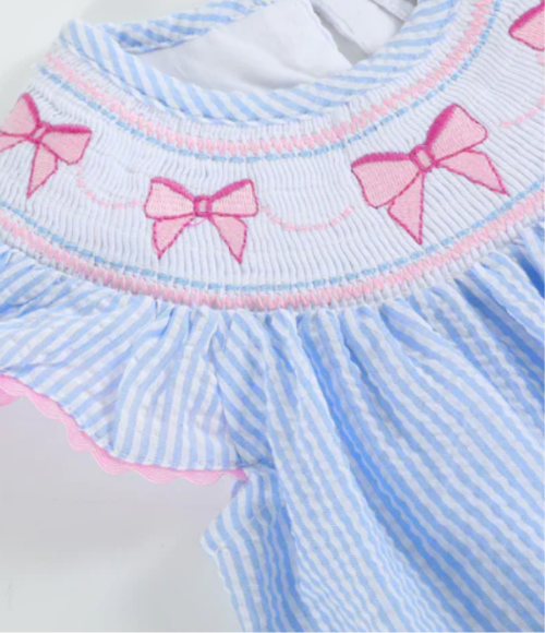 Blue Seersucker Bow Smocked Flutter Romper