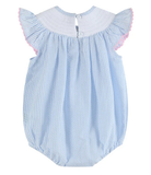 Blue Seersucker Bow Smocked Flutter Romper