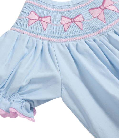 Blue & Pink Bow Smocked Bubble