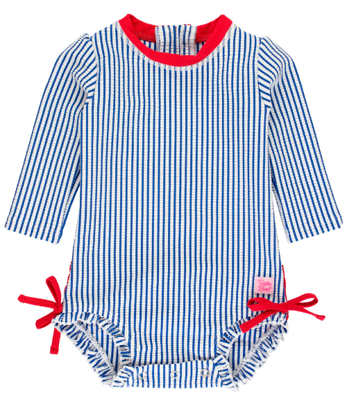 Blue Seersucker Ruffle Rash Guard Swimsuit
