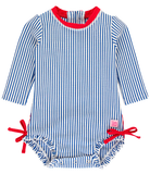 Blue Seersucker Ruffle Rash Guard Swimsuit