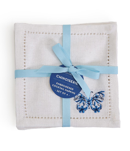Blue & White Embroidered Cocktail Napkins