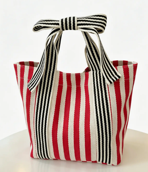Canvas Striped Bow Handled Tote
