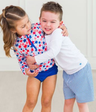 Boys Navy Seersucker Swim Trunks