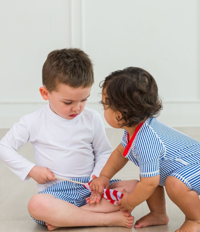 Boys Navy Seersucker Swim Trunks