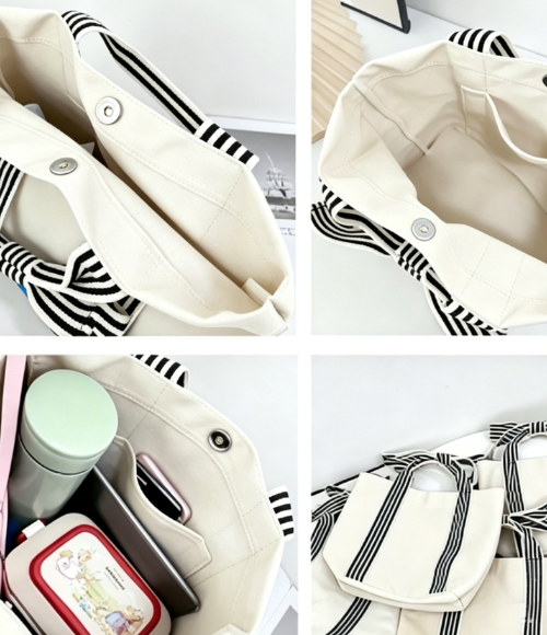 Canvas Striped Bow Handled Tote