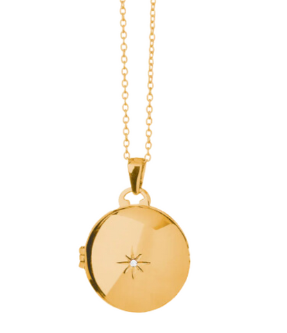 Classic Round Locket Necklace Starburst Gold