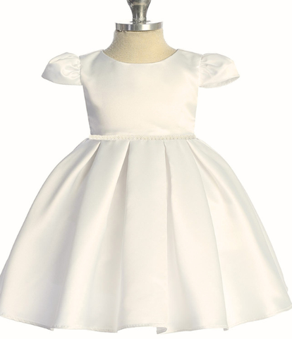 Classic Pleated Ivory Pearl Trim Baby Dress, 6M