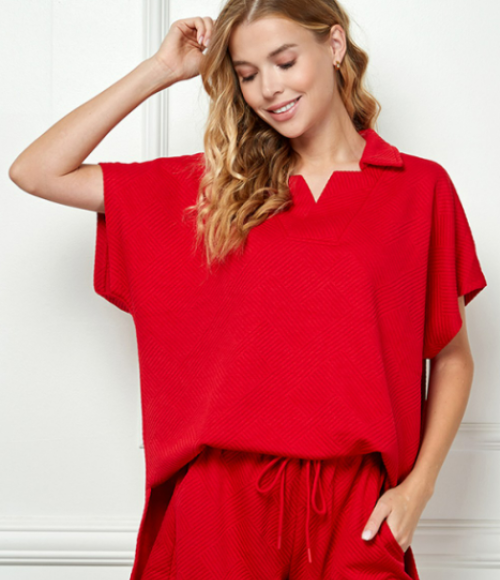 Red Collared Textured Lounge Set
