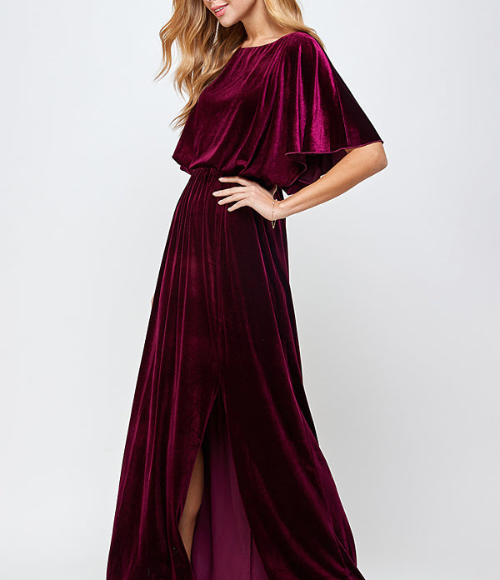 Cranberry Velvet Cape Evening Gown