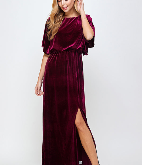 Cranberry Velvet Cape Evening Gown