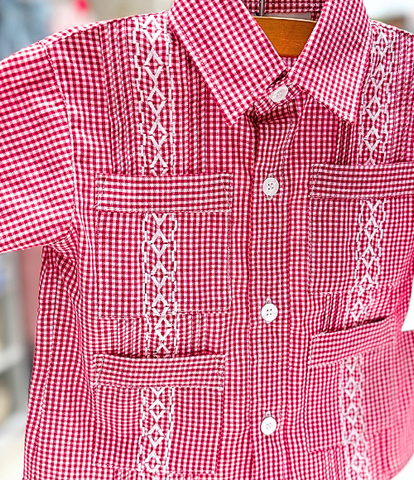 Deep Red Gingam Guayabera