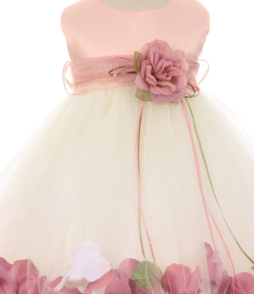 Dusty Rose Top Satin Flower Petal Baby Dress w/Organza Sash, Size 18M