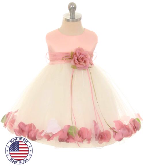 Dusty Rose Flower Petal Baby Dress w/Organza Sash, Size 18M