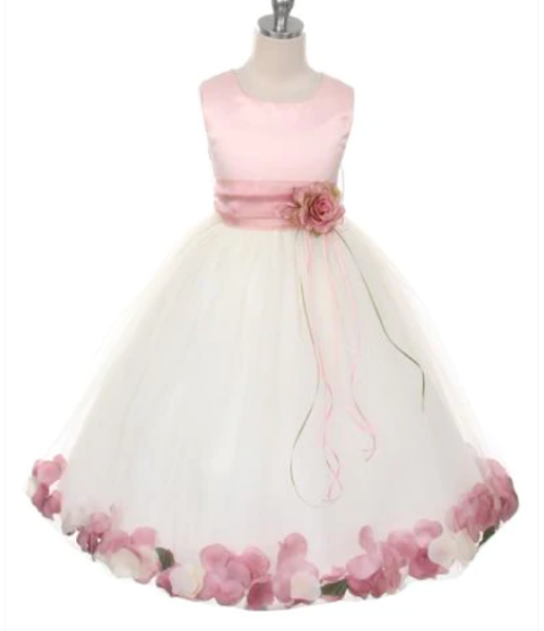 Dusty Rose Top Satin Flower Petal Dress w/Organza Sash, Size 10