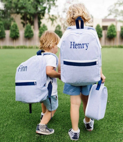 Teeny Tiny Seersucker Backpack in Navy