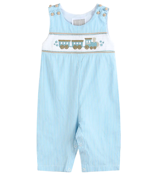 Gingham Train Smocked Overalls