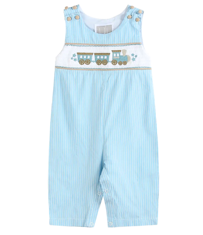 Gingham Train Smocked Overalls