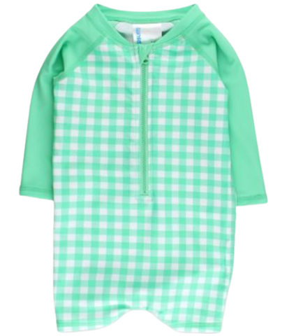 Green Gingham LS One Piece Rash Guard