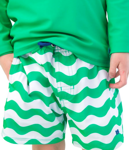 Green Wavy Stripe Swim Trunks