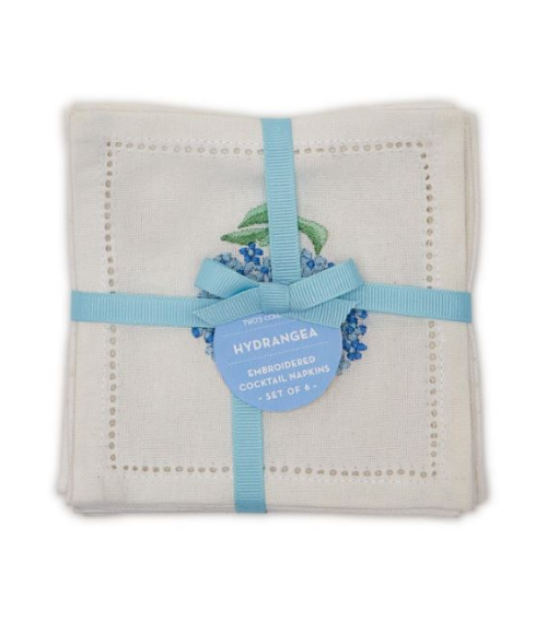 Hydrangea Hemstitch Cocktail Napkins - Hand Embroidered