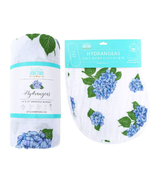 Hydrangeas Burp Cloth, Bib & Swaddle